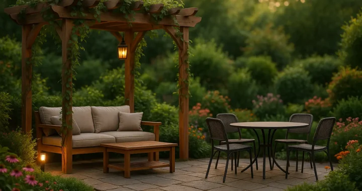 Designing relaxation and social spaces in the garden: terraces, pergolas, dining areas.