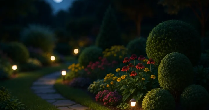 The importance of natural and artificial light in nighttime landscaping.