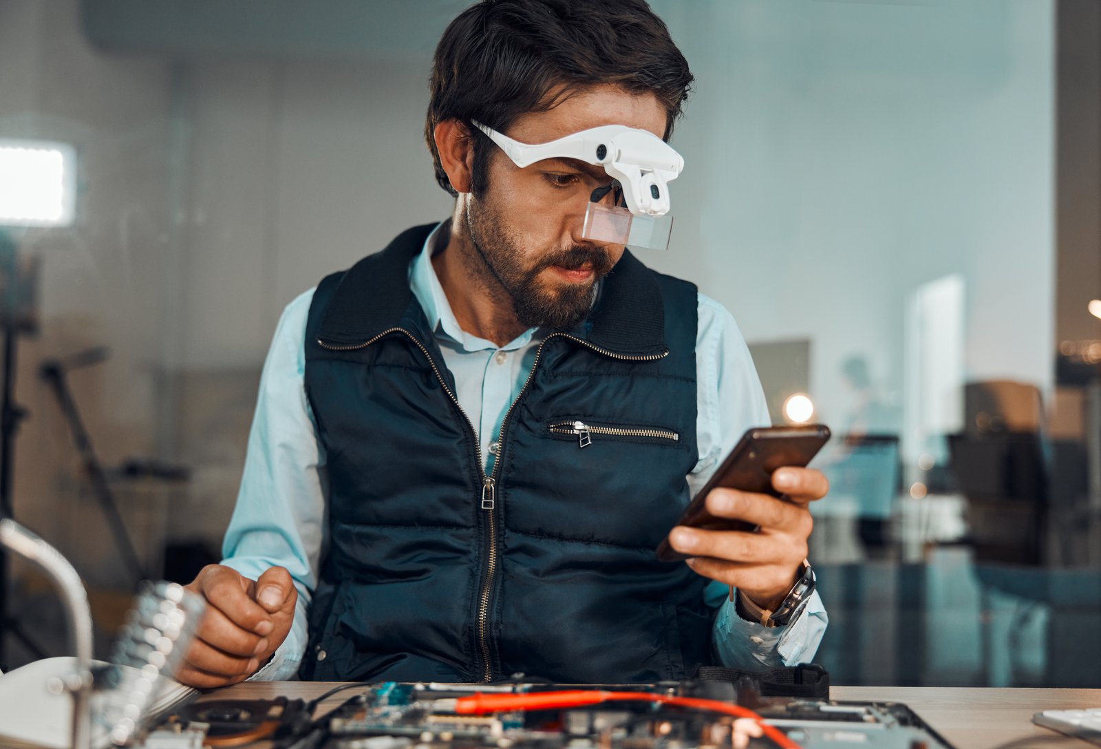 Technician using head-mounted magnification and a mobile device to guide machine repair