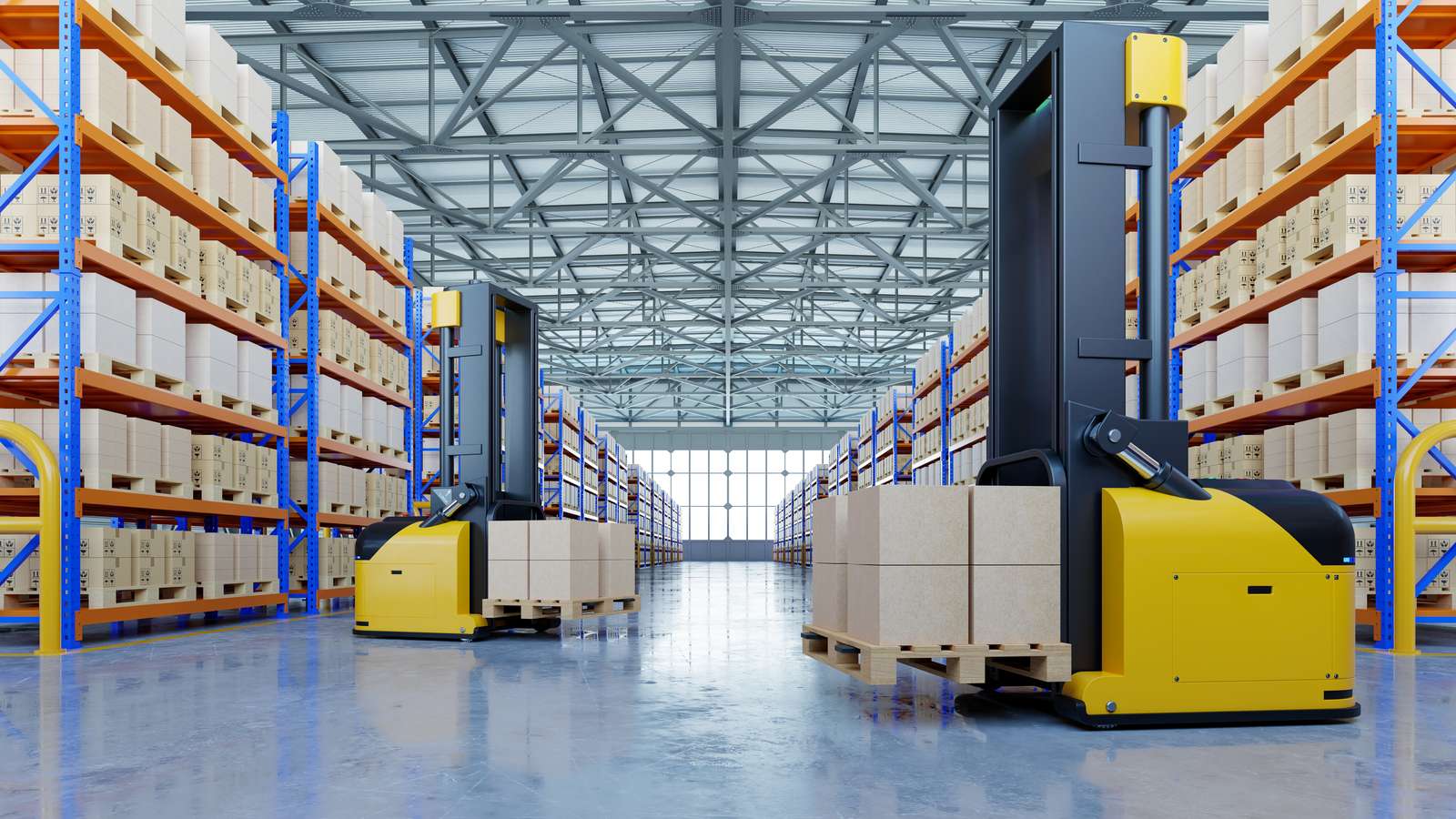 Automated forklifts moving landscaping material pallets in a logistics warehouse