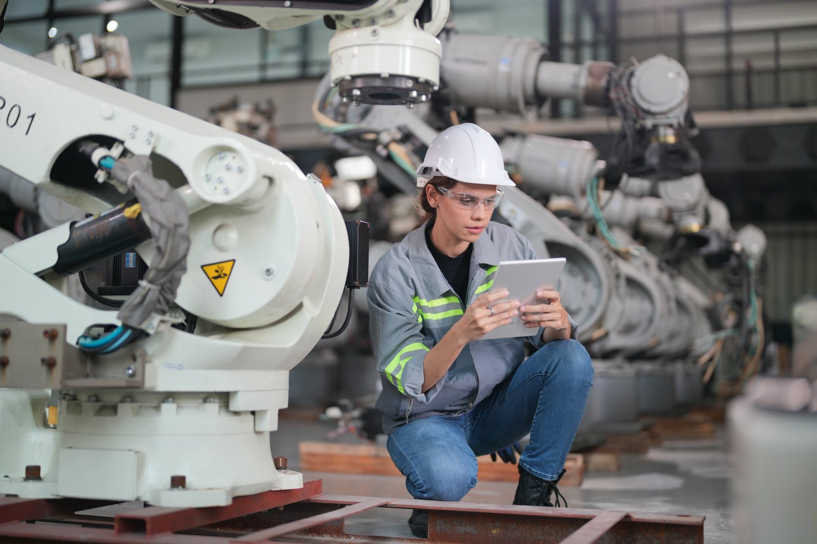 Technician supervising an automated machine fleet through a tablet interface